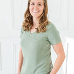 Sage Ribbed Adult V-Neck Pocket Tee