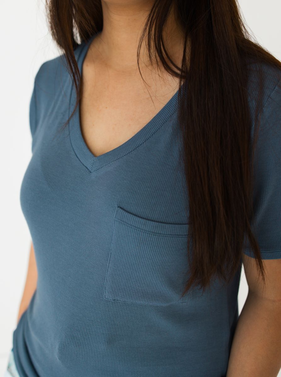 Cornflower Ribbed Adult V-Neck Pocket Tee