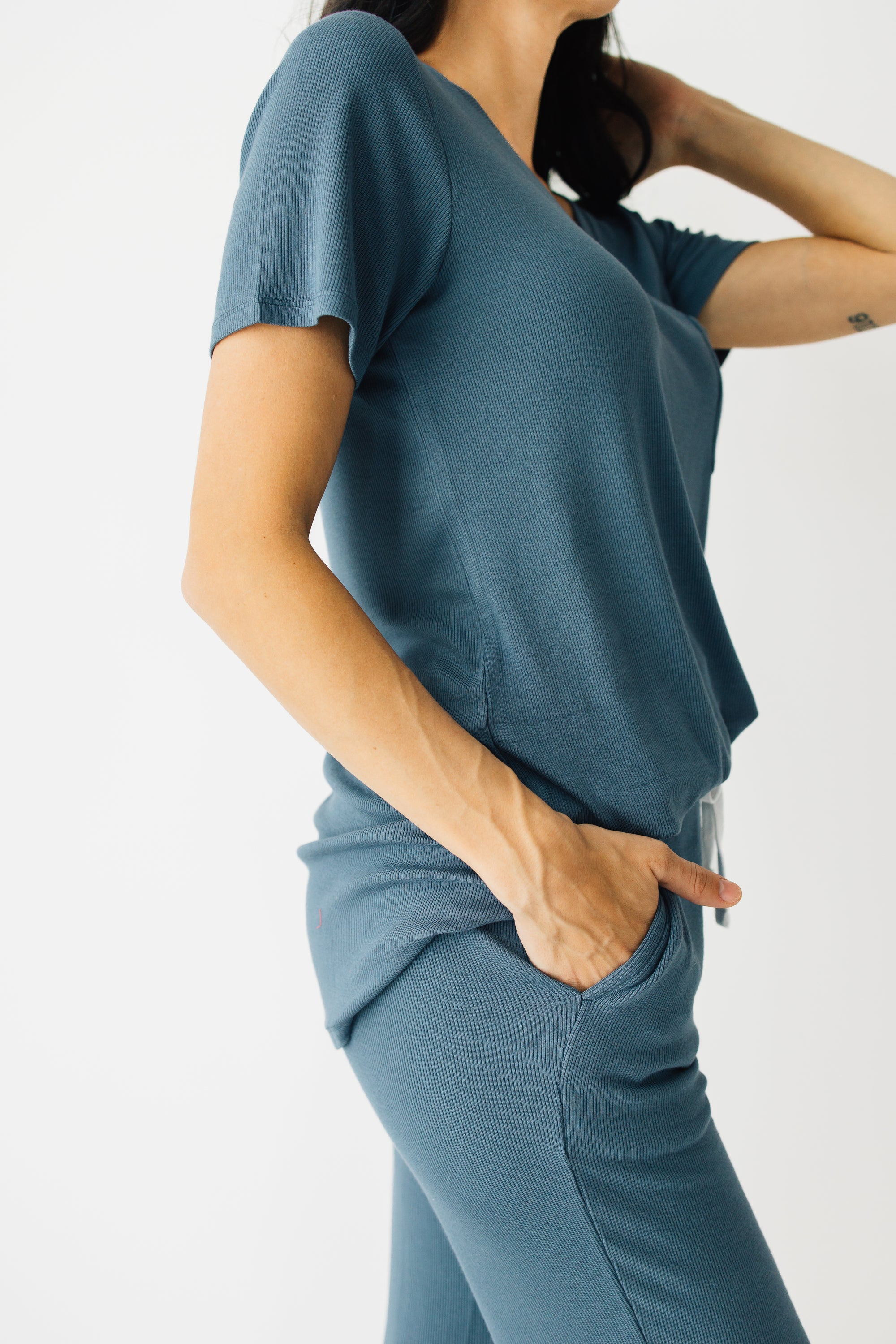 Cornflower Ribbed Adult V-Neck Pocket Tee