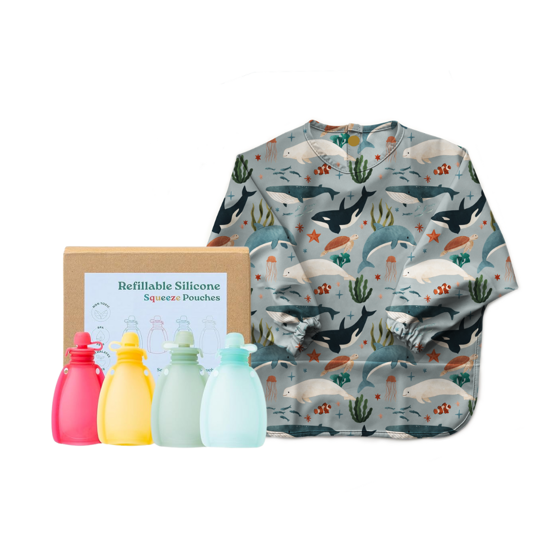 Smock Bib + Reusable Pouches Set