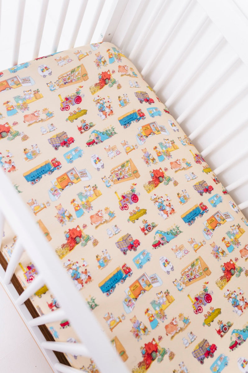 Richard Scarry Farm to Market crib sheet in nursery